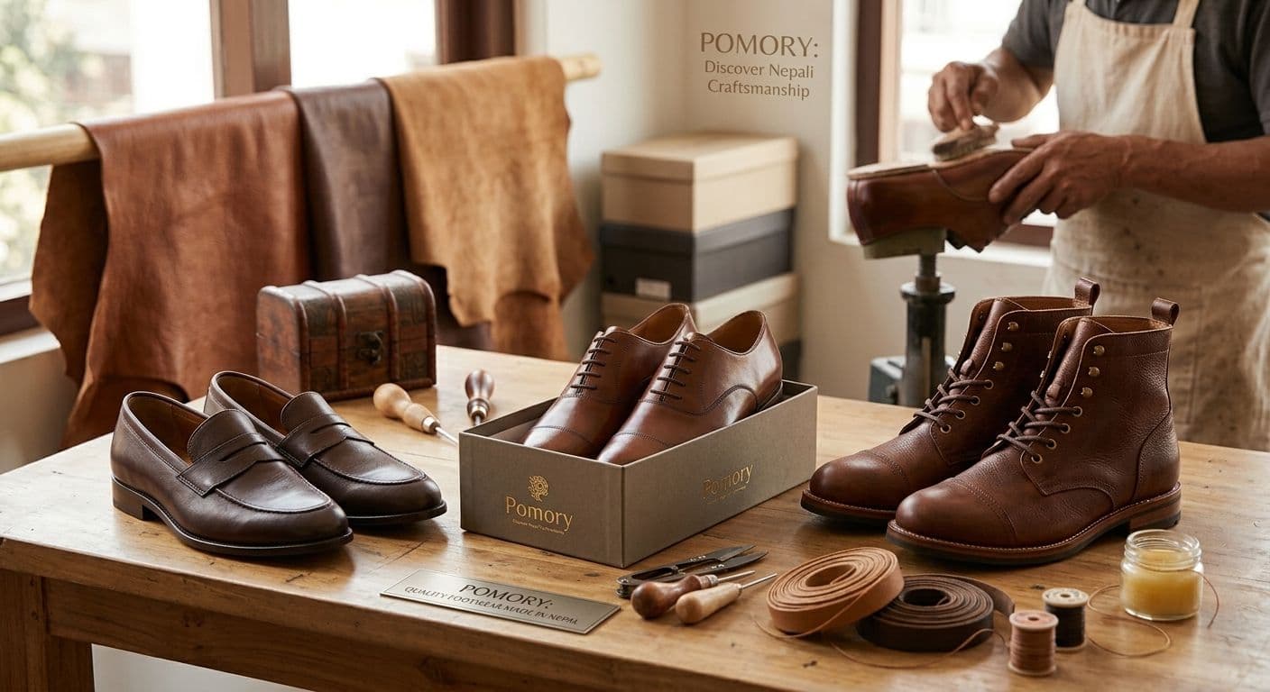 Different styles of Nepali footwear, including casual shoes, loafers and formal leather shoes