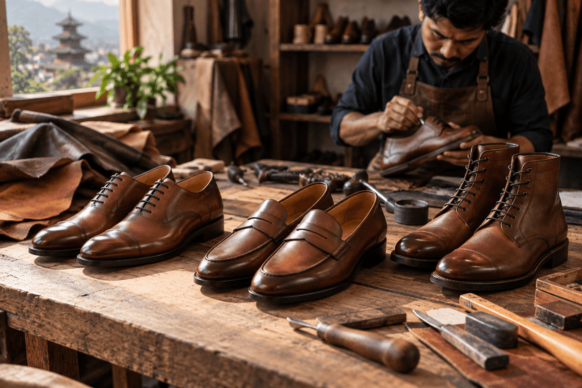 Nepali leather shoes displayed in a professional footwear setting