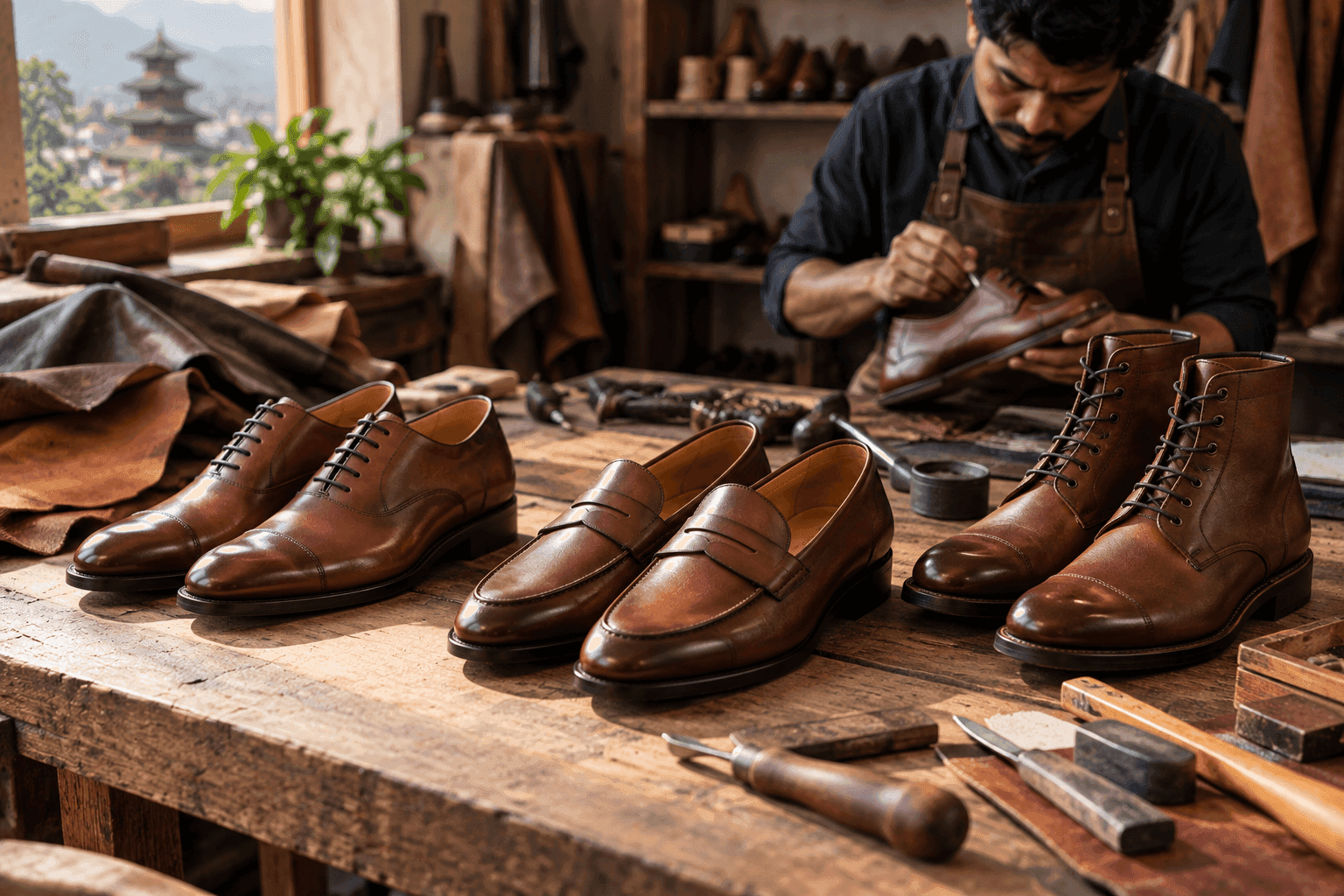 Nepali leather shoes displayed in a professional footwear setting