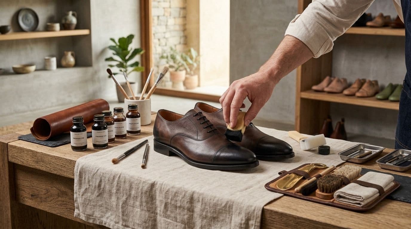 Leather dye being applied to shoes for color restoration
