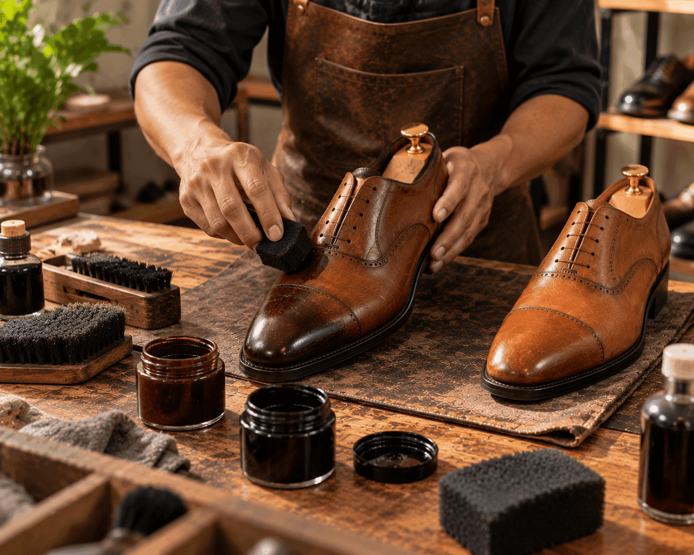 Leather shoes being dyed with leather dye during a restoration process