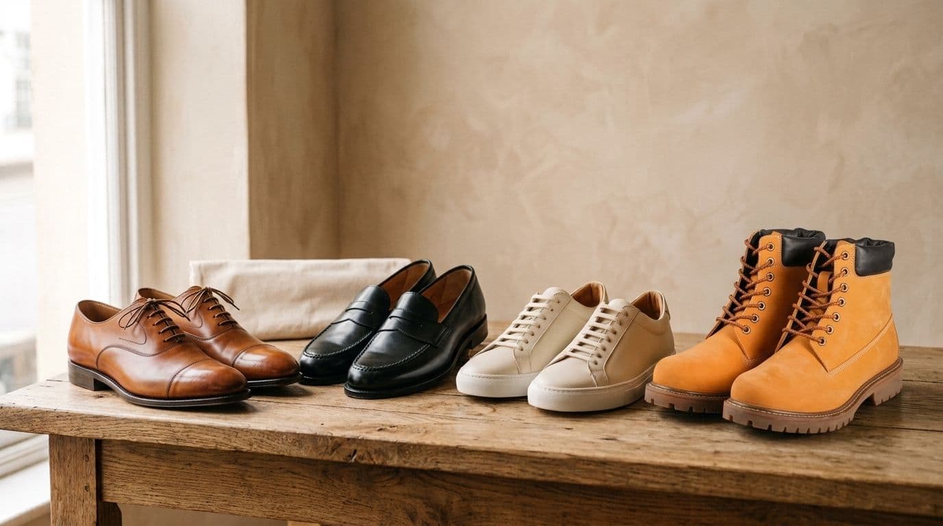 Men's leather shoes including Oxford shoes, loafers, sneakers and leather boots.