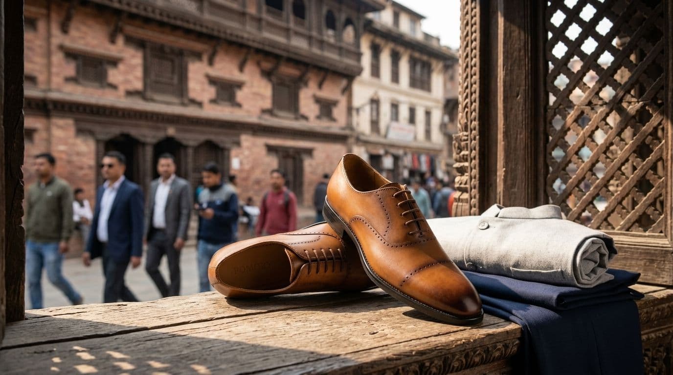 Pomory Oxford Tan leather shoes styled for men in Kathmandu Nepal