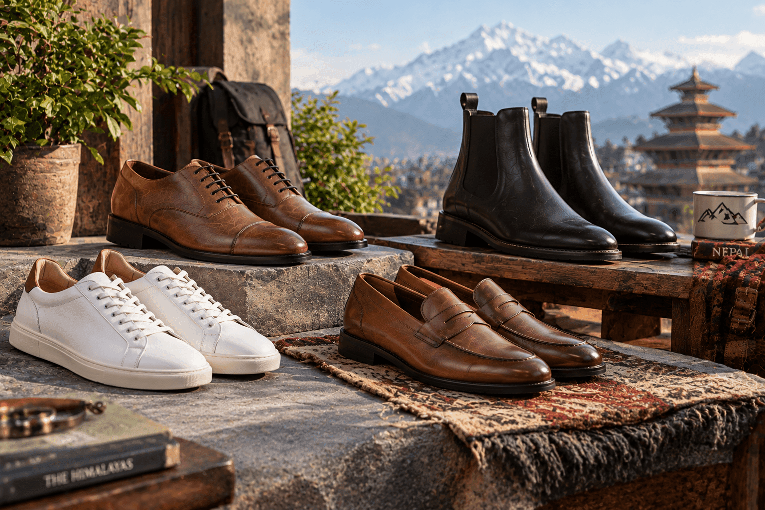 Leather sneakers and formal shoes representing quality footwear made in Nepal