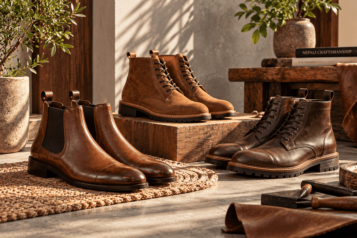 Leather Chelsea boots and casual boots styled in a traditional Nepali setting