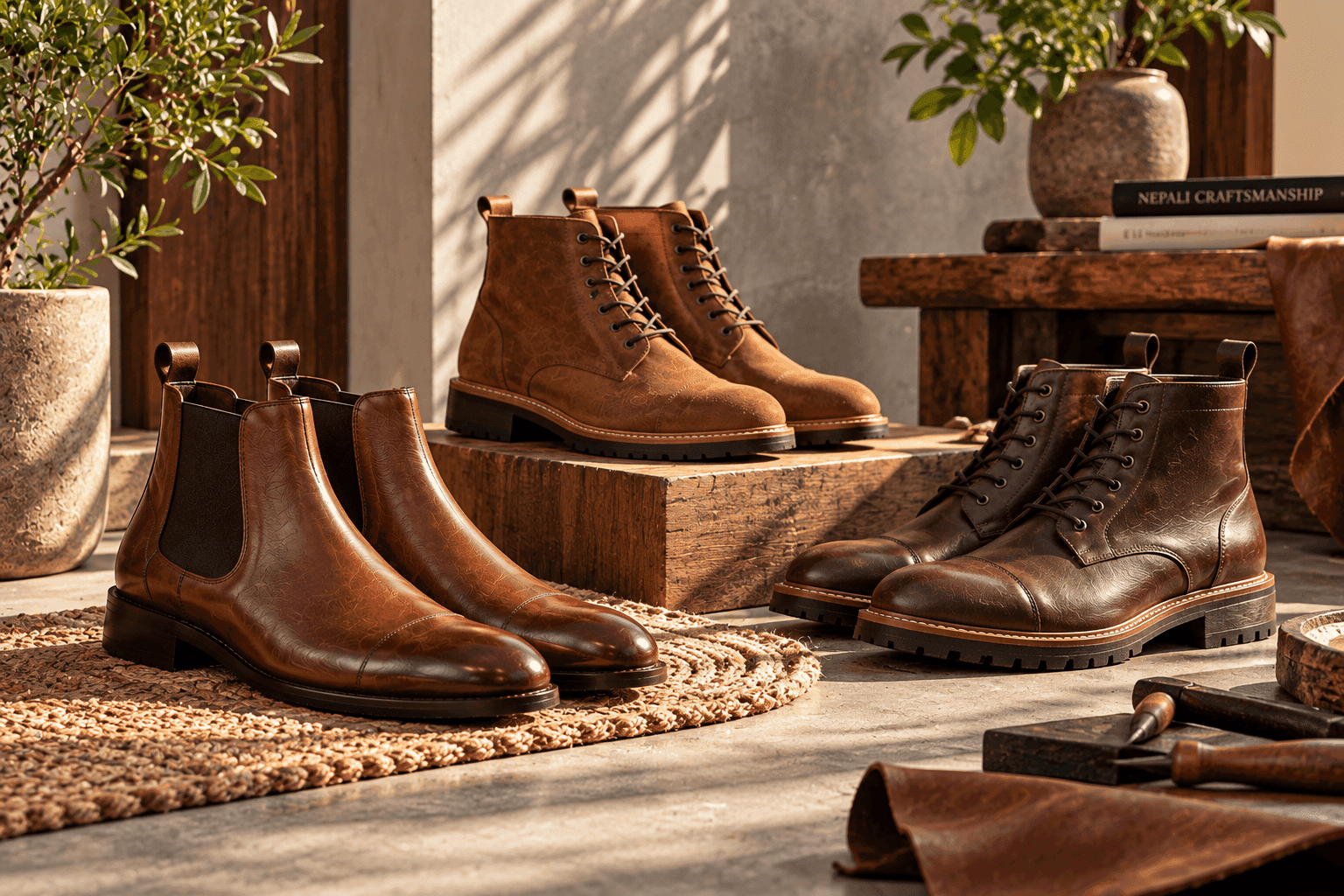 Leather Chelsea boots and casual boots styled in a traditional Nepali setting