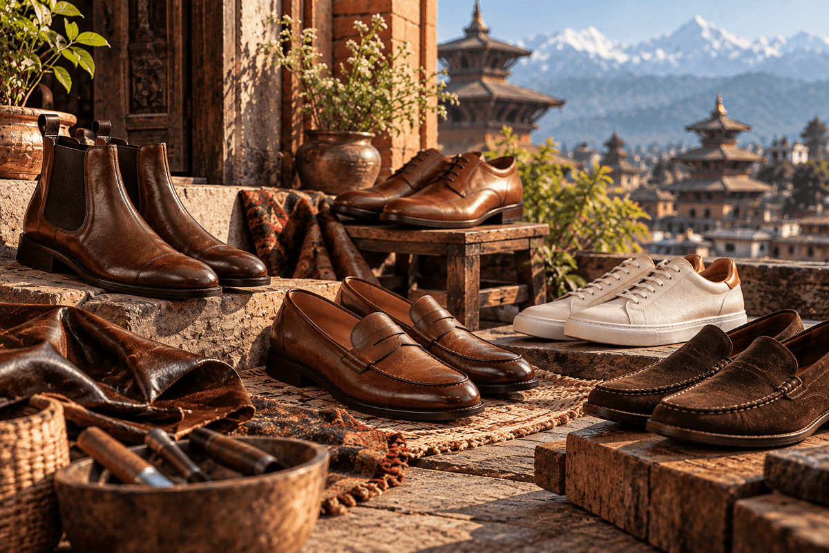Leather Oxfords, loafers and boots displayed in a Nepali footwear workshop