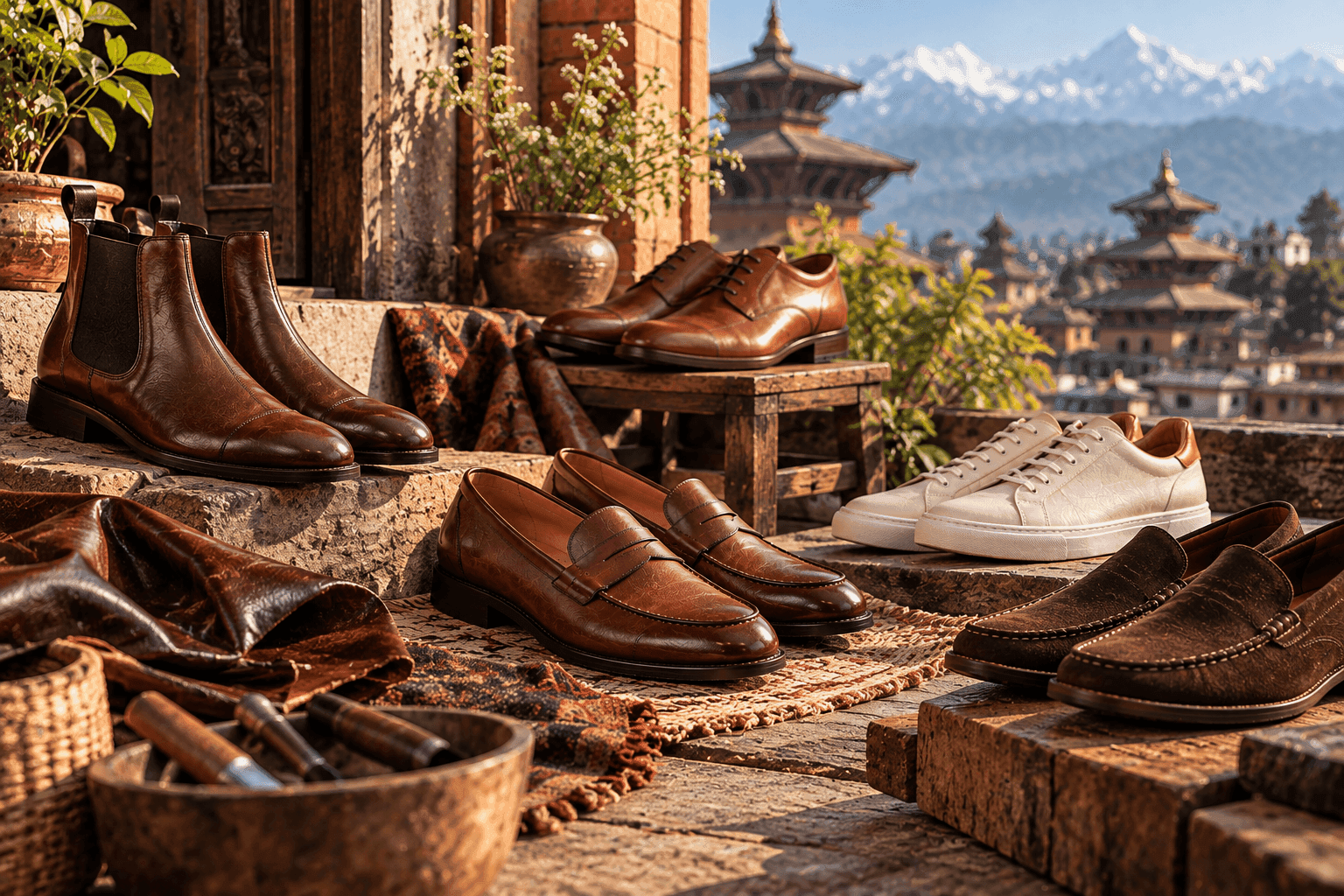 Leather Oxfords, loafers and boots displayed in a Nepali footwear workshop